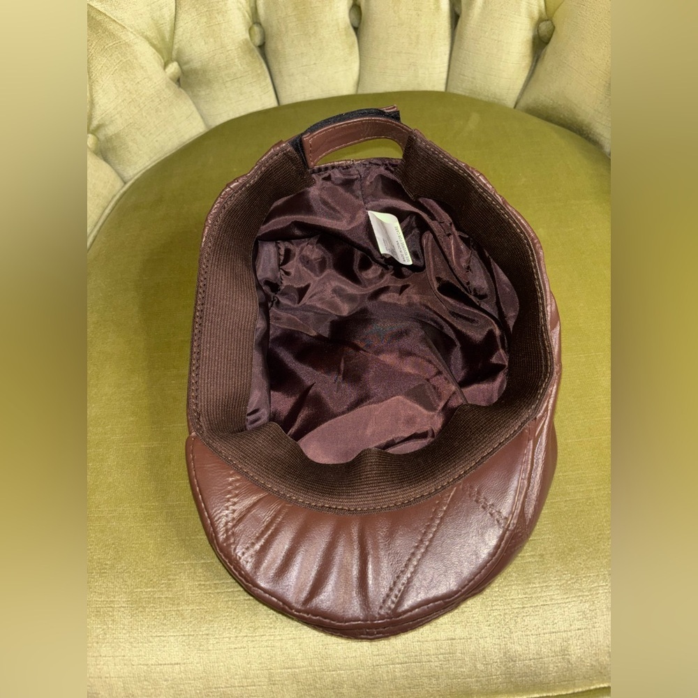 VTG Genuine Leather Mens Brown Newsboy Cabbie Beret Biker Adjustable Hat Cap - Picture 7 of 8
